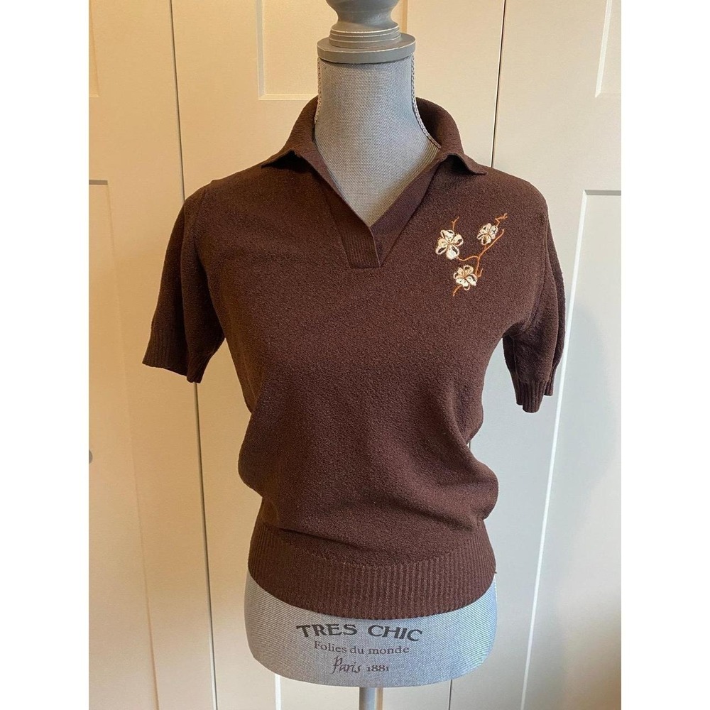 Vintage Talbott Top USA 34 Embroidered Knit V Neck Collar Academia sku44